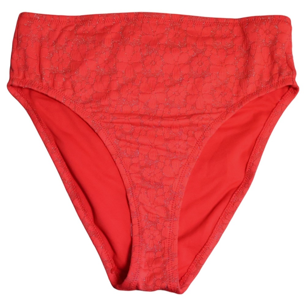 Jessica Simpson High Waist Bikini Bottom S Red Floral Texture Shimmer July 4th